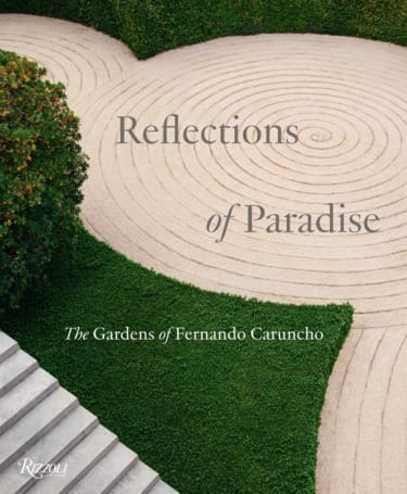 Book cover with title "Reflections of Paradise" featuring a spiral sand garden design surrounded by greenery.