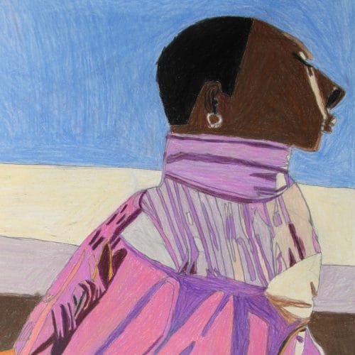 Illustration of a person in profile, wearing a purple patterned outfit, against a blue sky background.