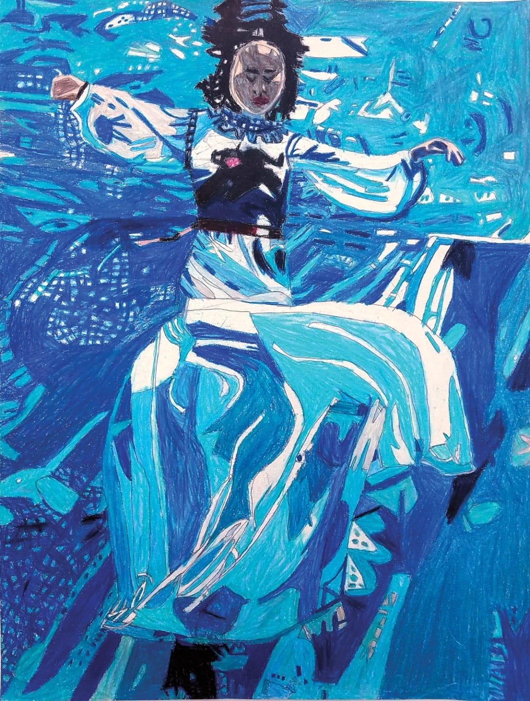 Energetic dance in flowing blue and white attire, surrounded by abstract blue patterns, conveying movement and depth.