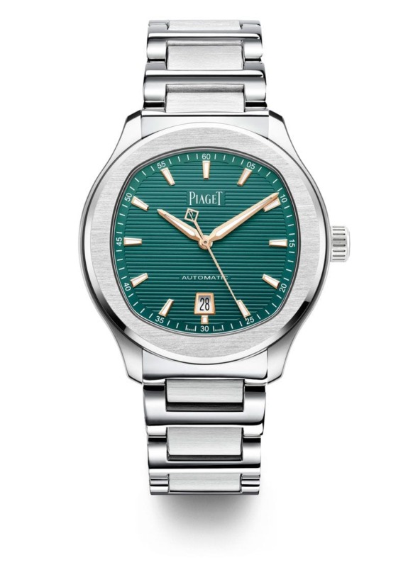 Luxury stainless steel wristwatch with a green dial, silver indices, and a date display at the six o'clock position.