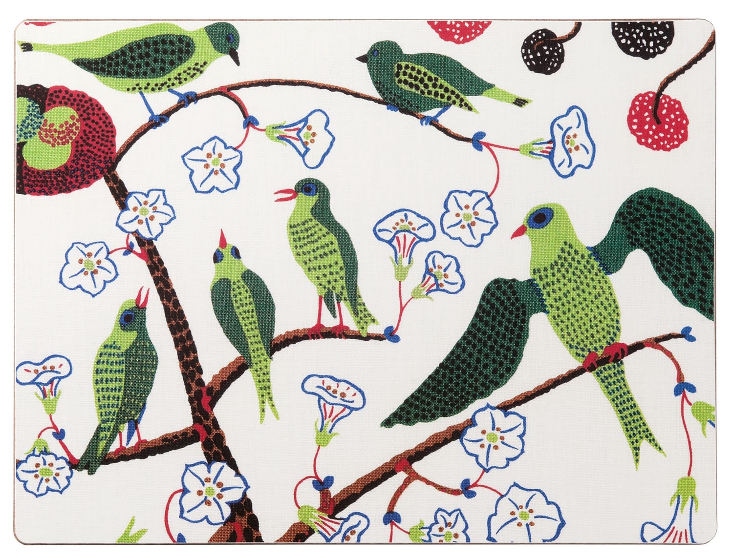 Colorful birds perched on a branch with white flowers and red and black berries, illustrated on a decorative mat.