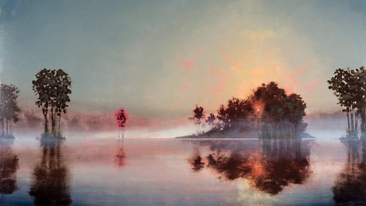 Stephen Hannock's 2016 ethereal painting, Flooded River With Red Maple (Mass Moca #241), celebrates the seasonal Spring flooding of the American landscape.