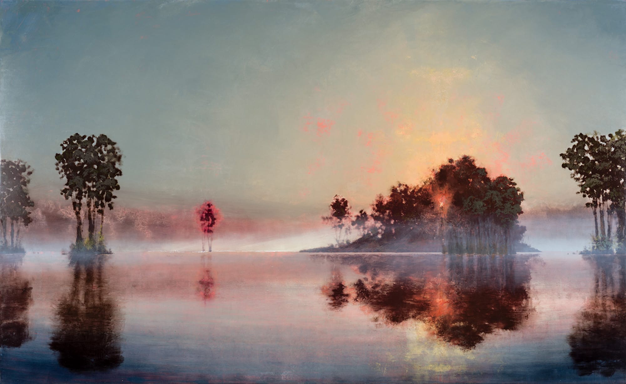 Stephen Hannock's 2016 ethereal painting, Flooded River With Red Maple (Mass Moca #241), celebrates the seasonal Spring flooding of the American landscape.