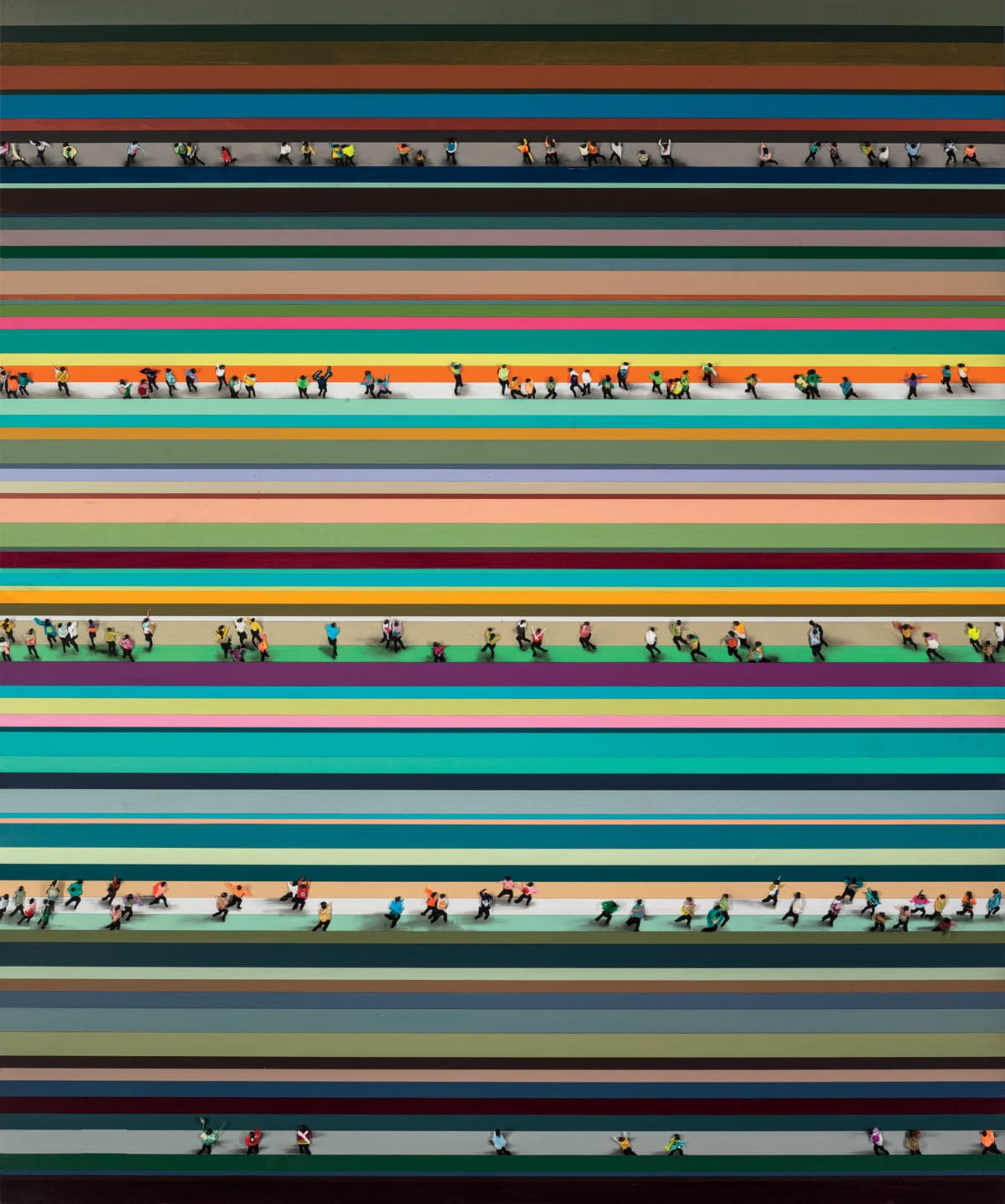 Colorful horizontal stripes with miniature figures walking, creating an abstract and dynamic scene viewed from above.