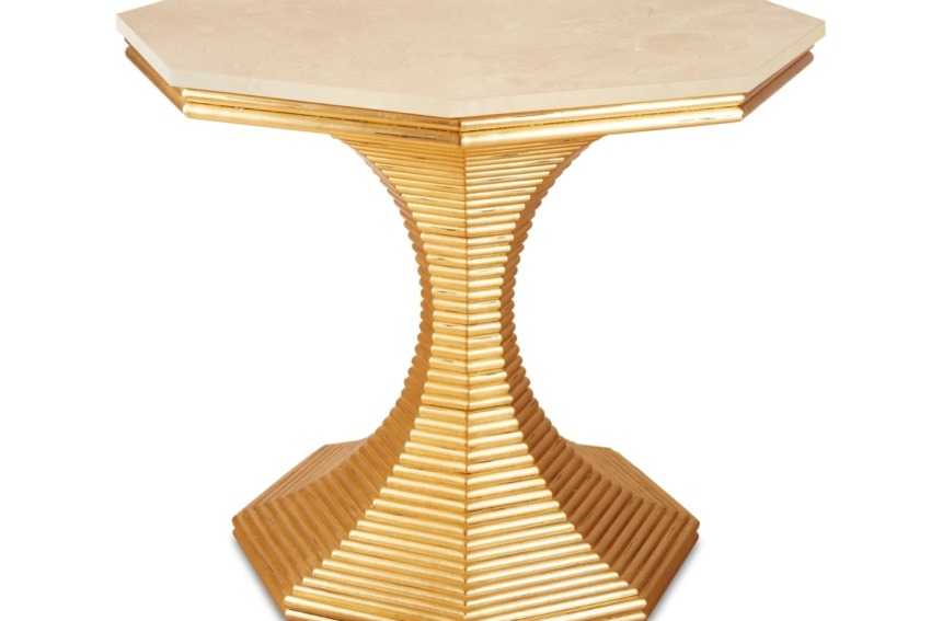 Octagonal table with a textured gold base and a smooth beige top.