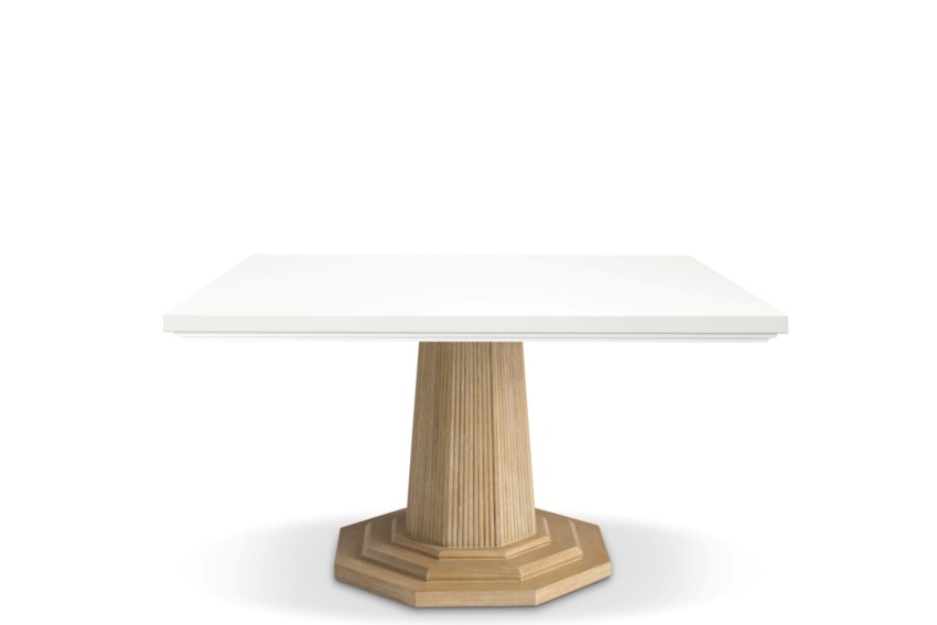 Square dining table with a white tabletop and wooden pedestal base, featuring an octagonal design.
