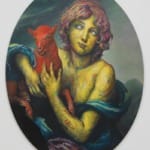 Colorful painting of a person holding a red animal, with swirling, vibrant textures in a surreal style.