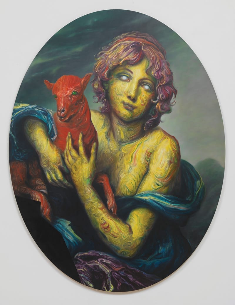 Colorful painting of a person holding a red animal, with swirling, vibrant textures in a surreal style.