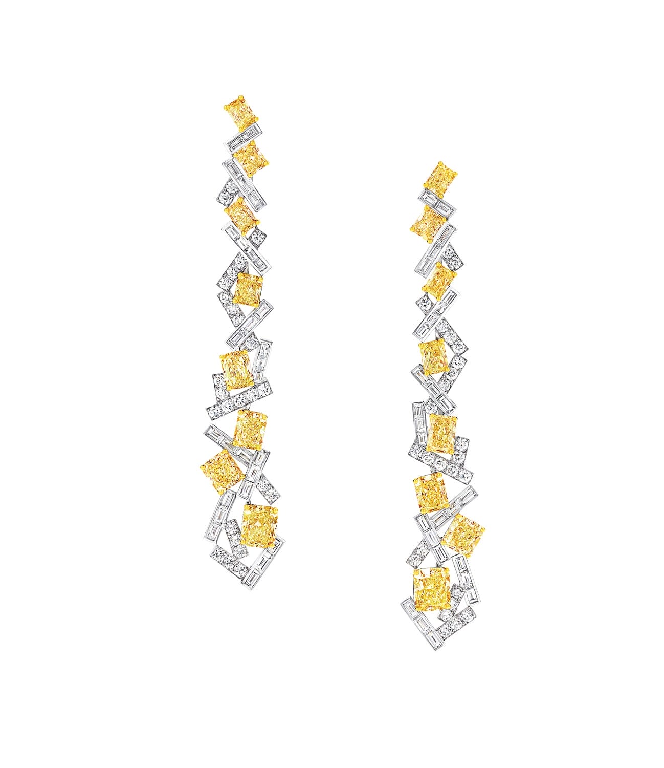 Long diamond earrings with yellow and clear gemstones in an abstract design on a white background.
