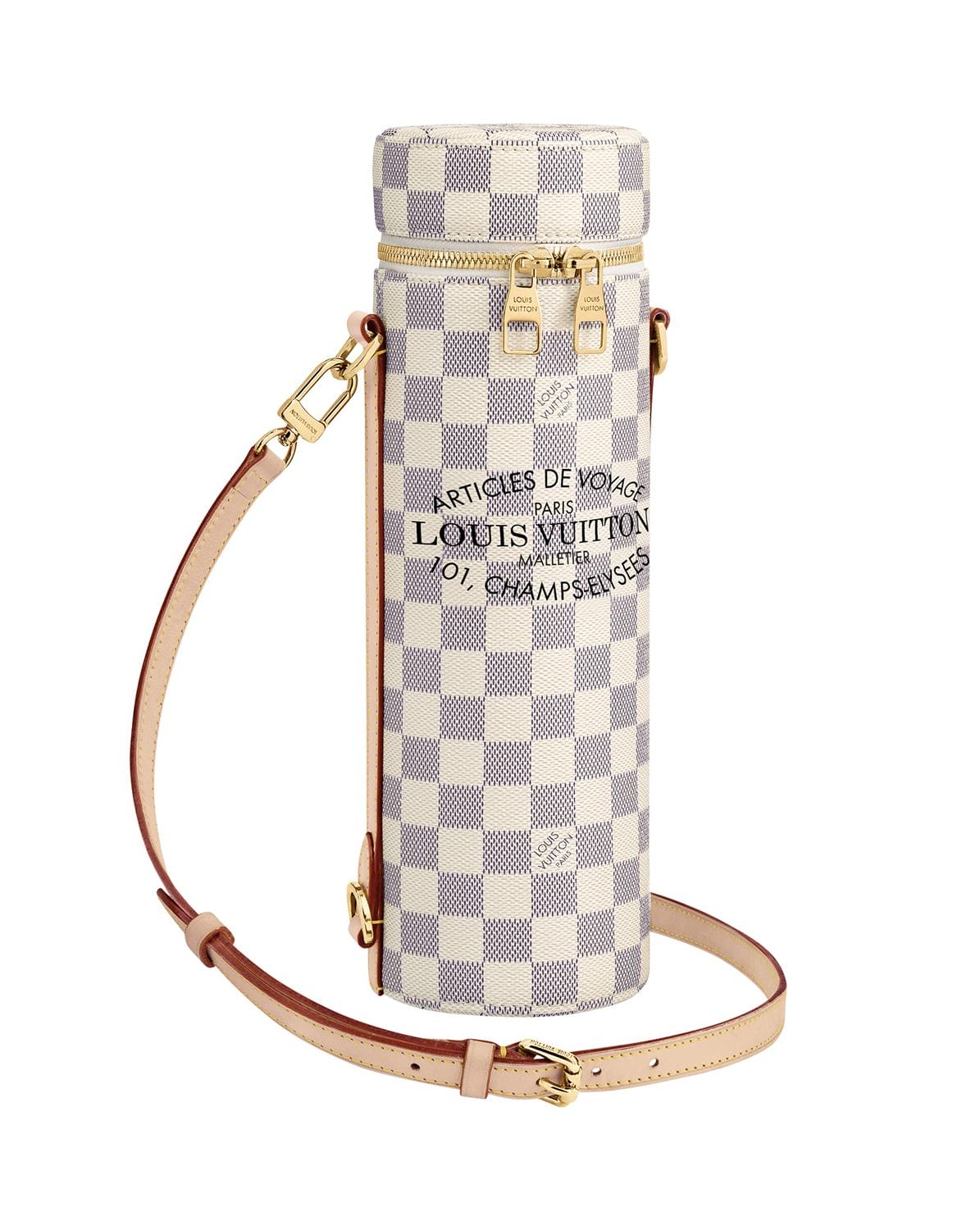 Checkered cylindrical Louis Vuitton case with leather straps and gold accents.