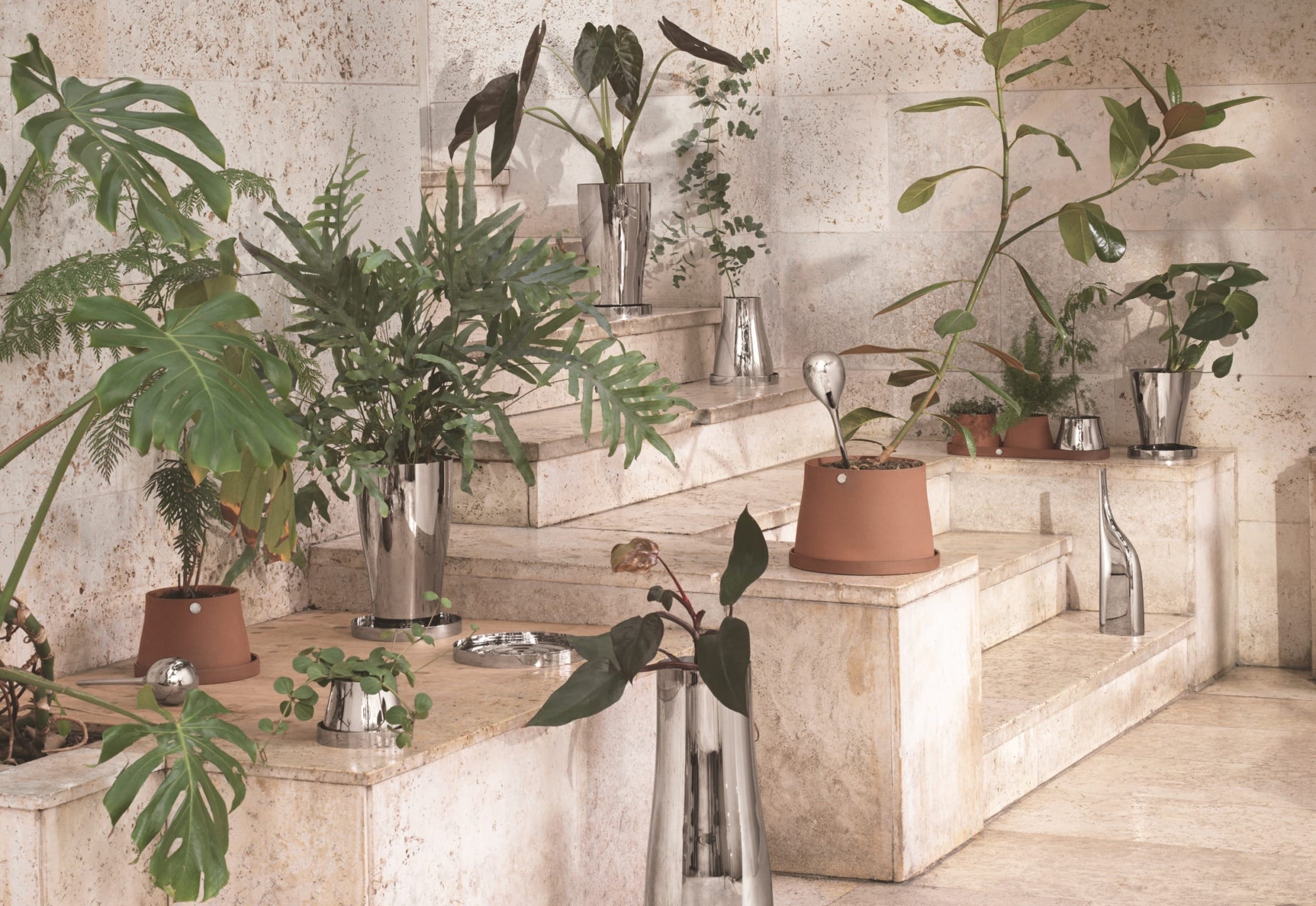 Indoor plants in various pots on stone steps, with metal vases, creating a tranquil and natural indoor setting.