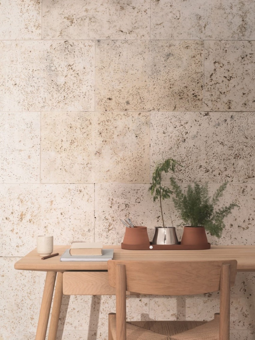 Wooden table and chair with potted plants, books, and a cup in front of a textured stone wall.