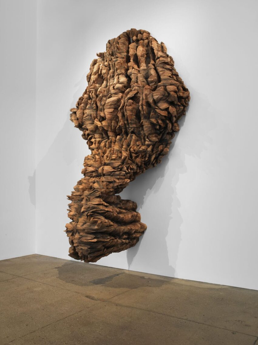 Abstract brown sculptural art installation on a white gallery wall, resembling a textured, swirling form.