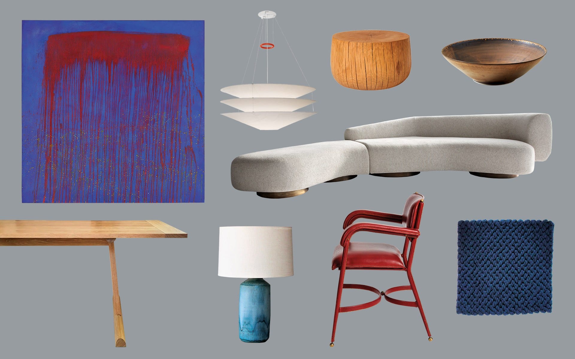 Room design with modern sofa, abstract painting, wooden furniture, red chair, blue rug, and pendant light.