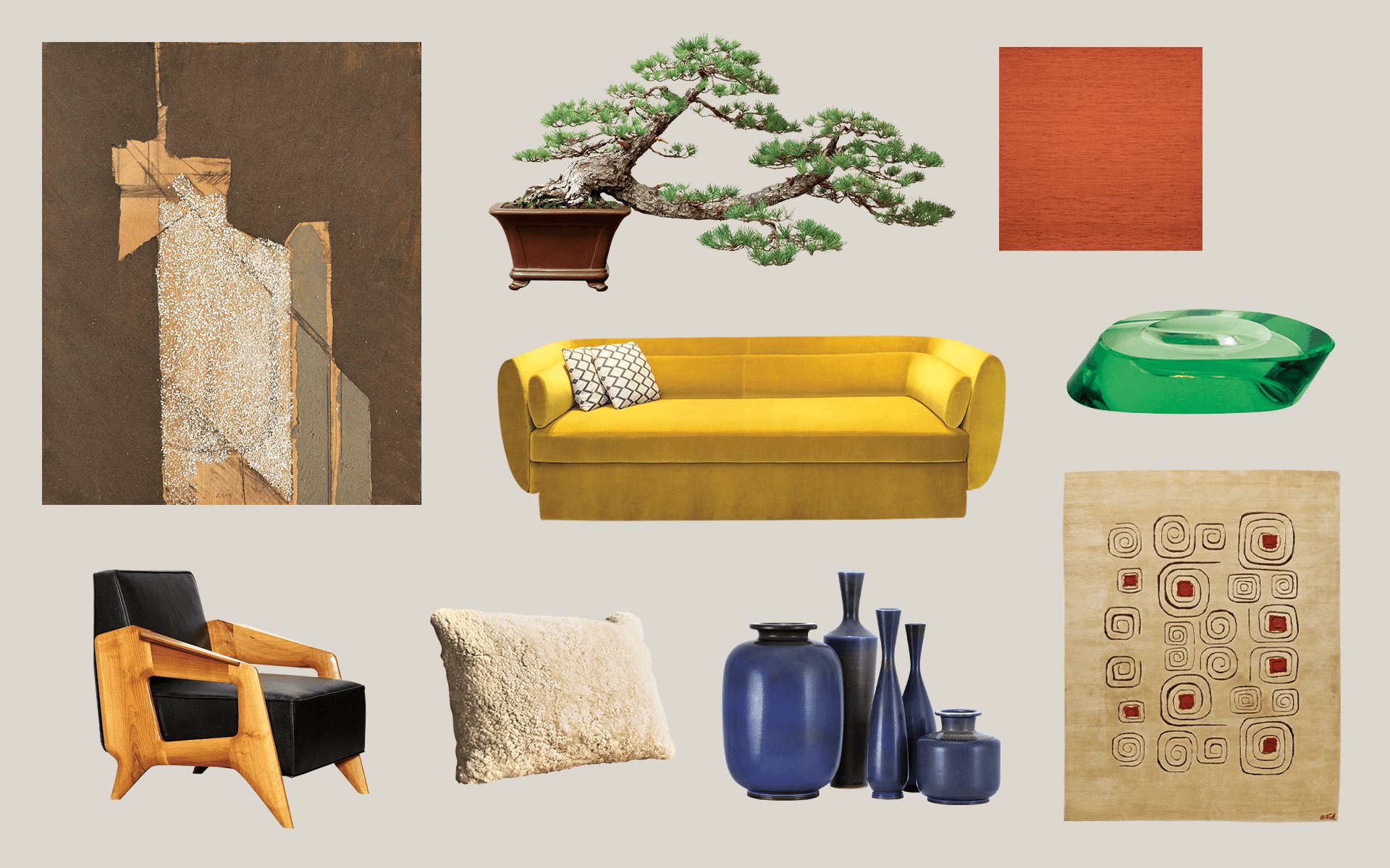 Collage of modern and vintage decor: yellow sofa, bonsai, pottery, cushion, artwork, glass block, rug, chair on beige background.