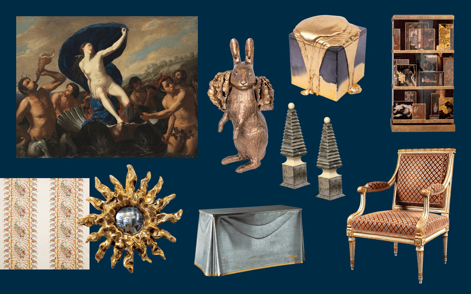 Collection of diverse artwork and furniture pieces displayed against a blue background.