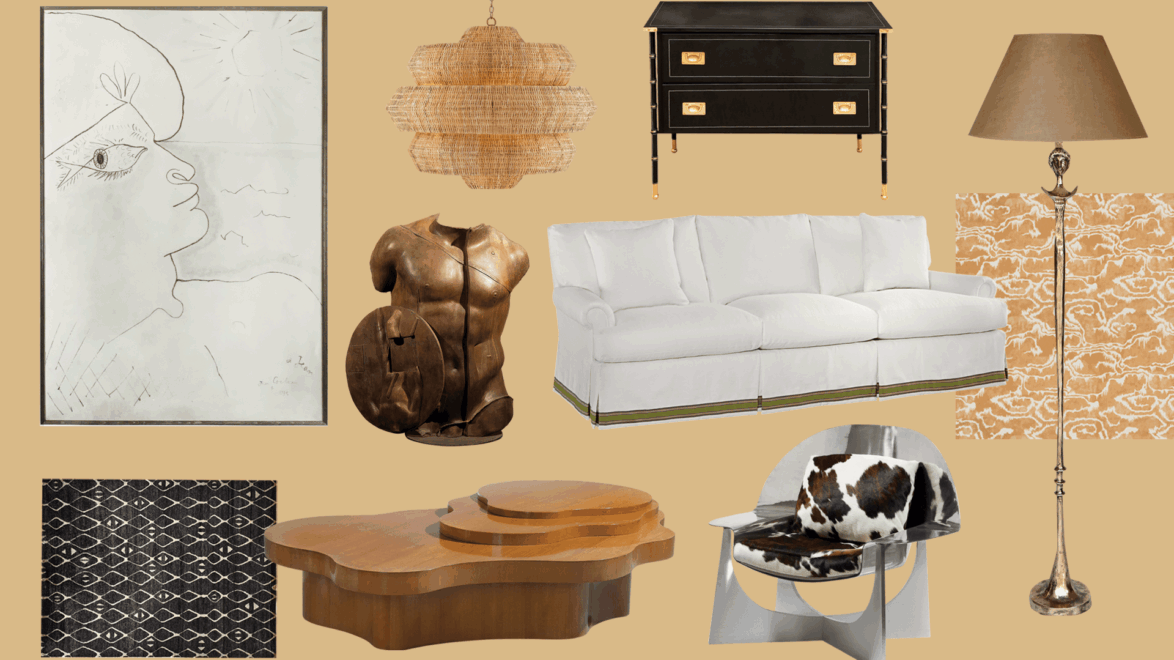 A collage of eclectic furniture and decor including a sofa, chair, paintings, lamp, and a sculptural table.
