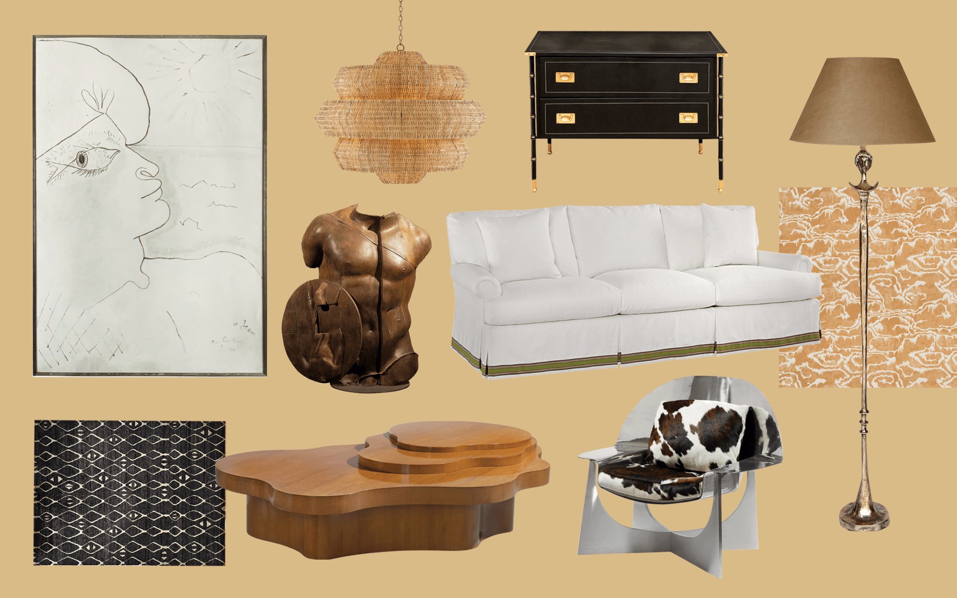 A collage of eclectic furniture and decor including a sofa, chair, paintings, lamp, and a sculptural table.