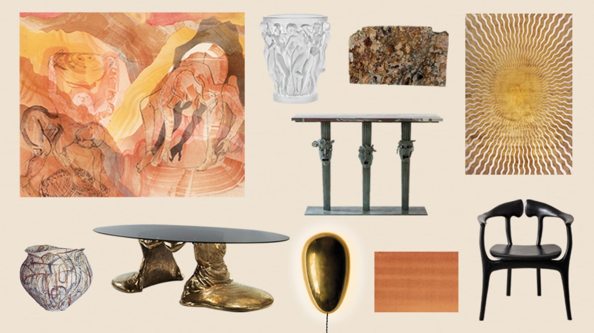 Collage of eclectic home decor items including artwork, tables, a vase, and a unique chair on a beige background.