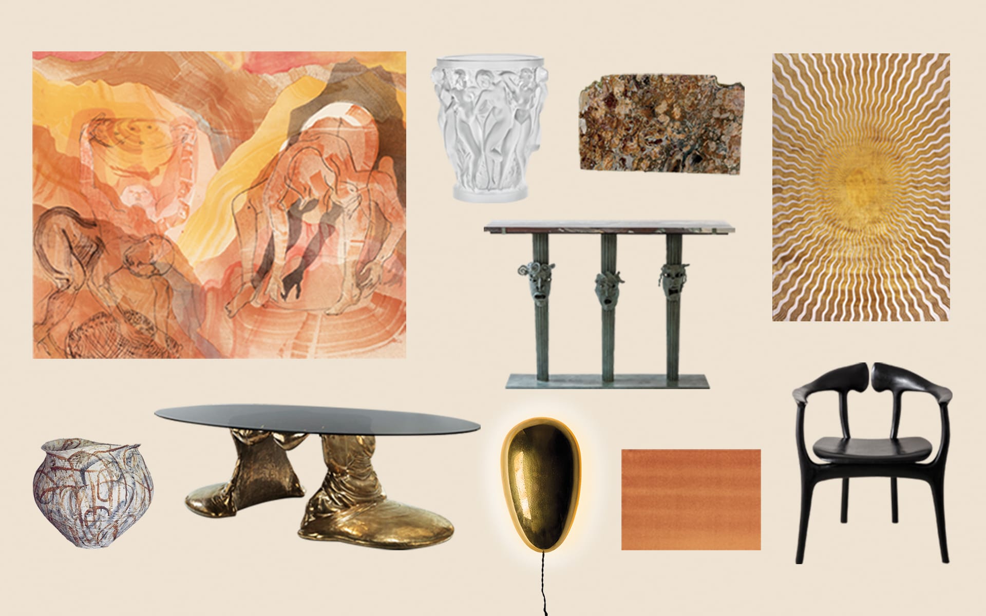 Collage of eclectic home decor items including artwork, tables, a vase, and a unique chair on a beige background.