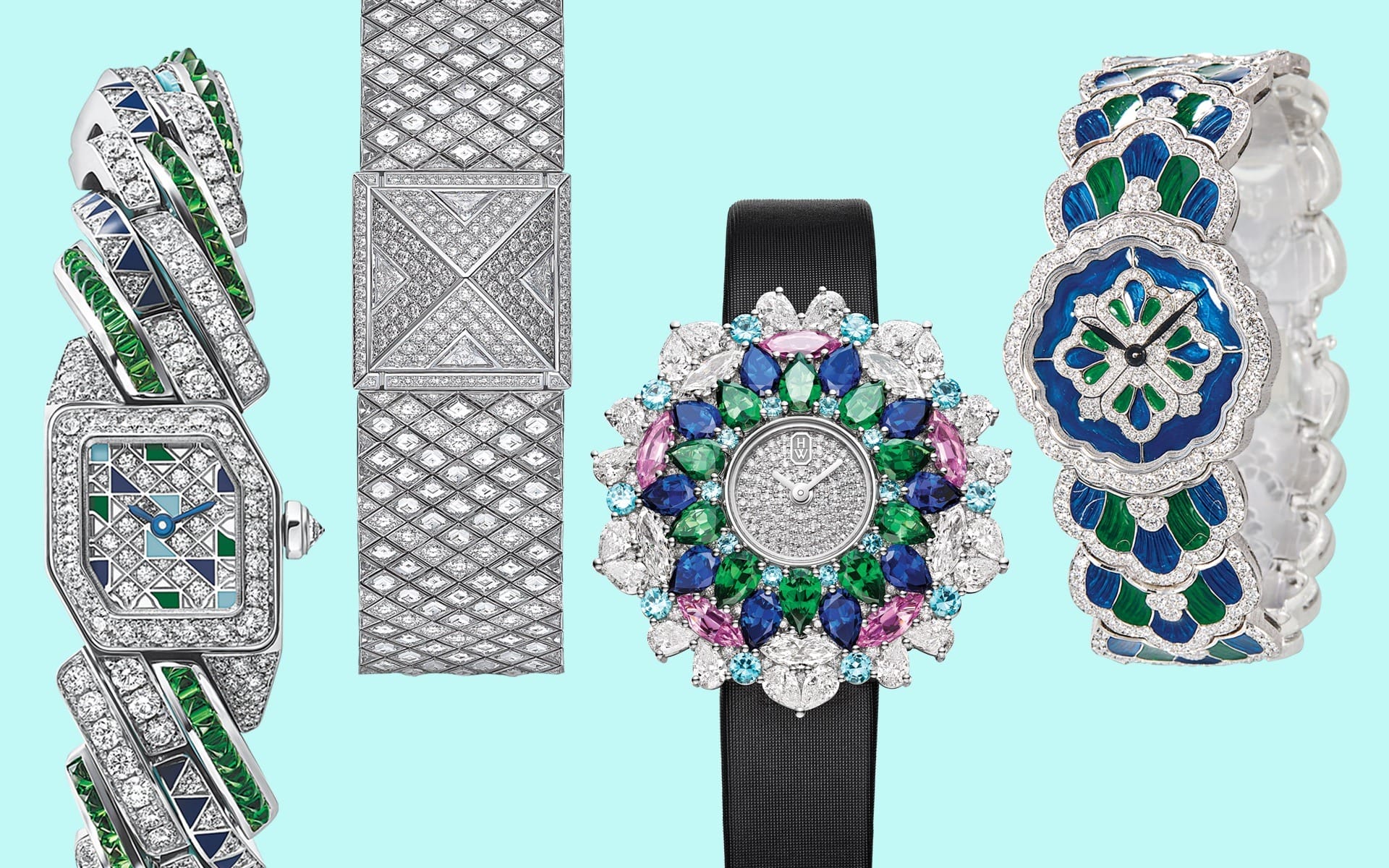 Collection of luxury watches with intricate designs, featuring diamonds and colorful gemstones on a light blue background.