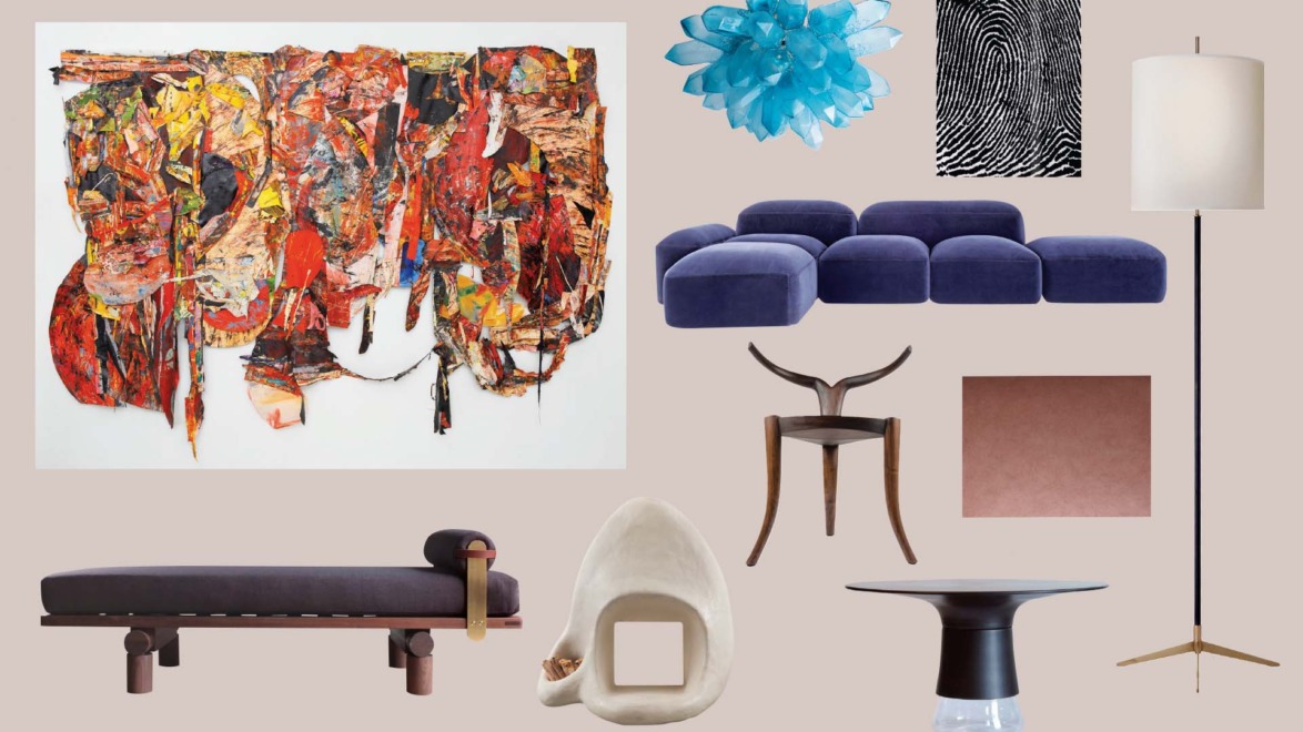 Collage of modern furniture and abstract wall art, featuring a blue couch, unique chairs, and colorful sculpture.
