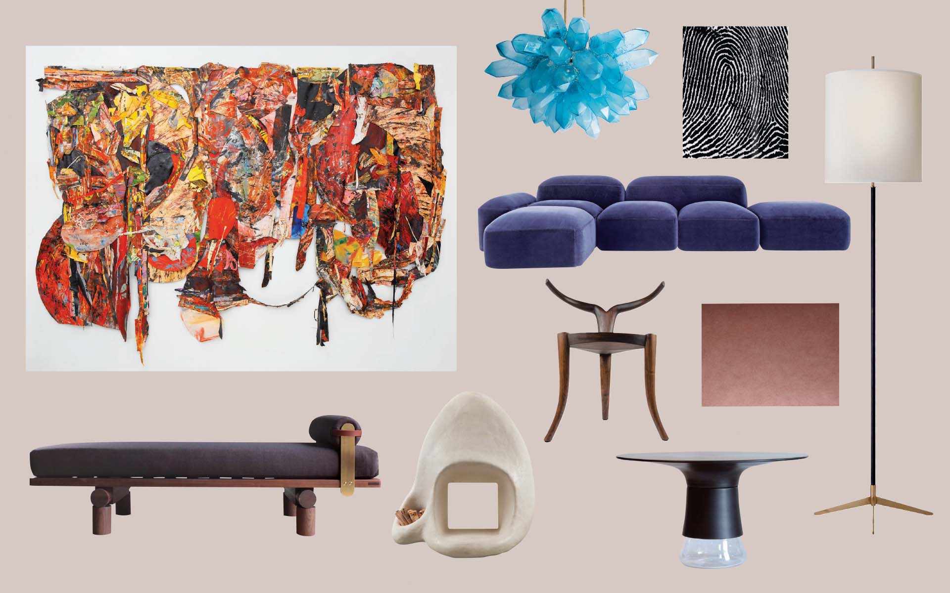 Collage of modern furniture and abstract wall art, featuring a blue couch, unique chairs, and colorful sculpture.