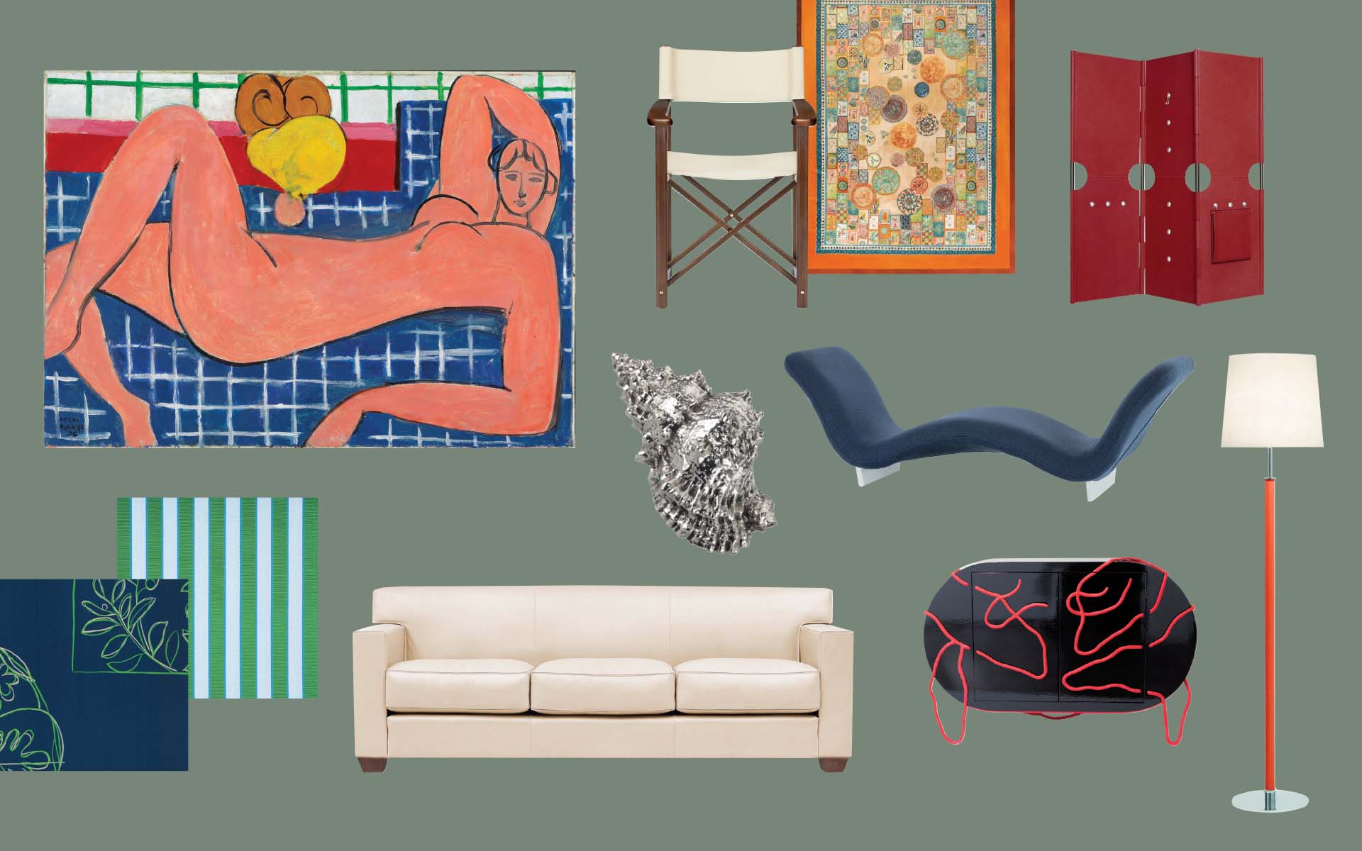 Collage of modern art and furniture, including abstract paintings, a cream sofa, a blue chaise lounge, and a floor lamp.