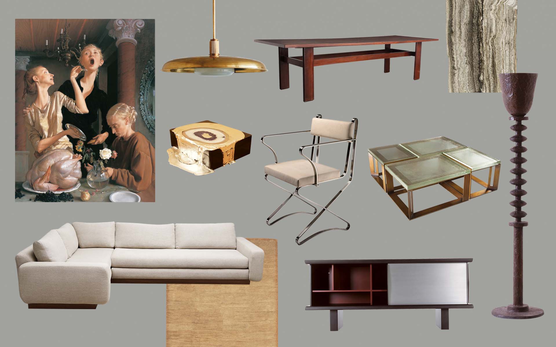 Collage of furniture and art pieces, including a chair, sofa, lamp, table, decorative art, and stone texture.