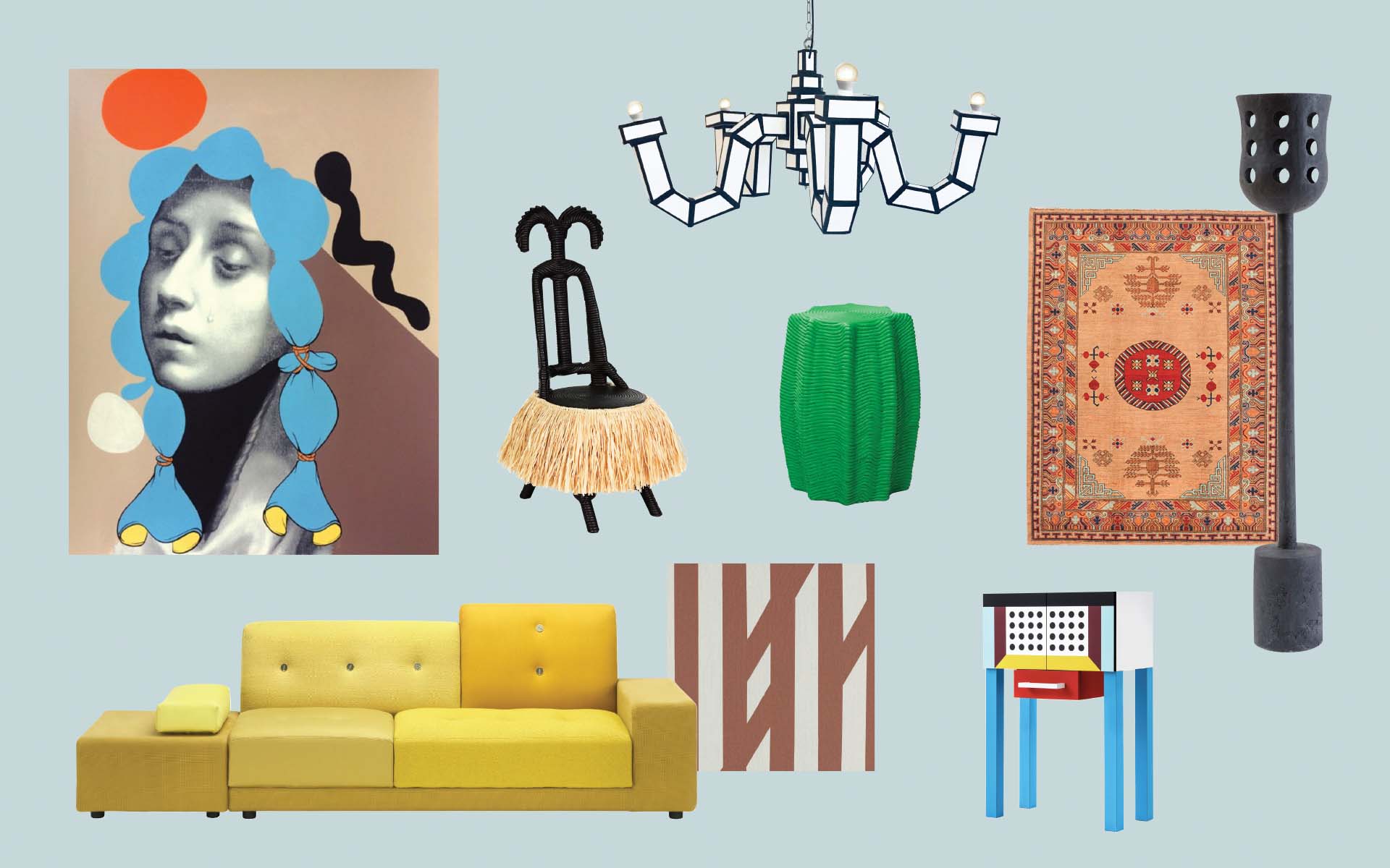 Collage of colorful abstract furniture and art pieces including a yellow sofa, chandelier, and decorative rug on a light background.