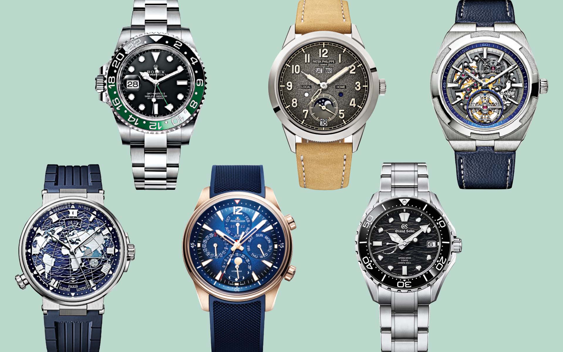 Collection of six luxury wristwatches with various designs and strap materials on a light green background.