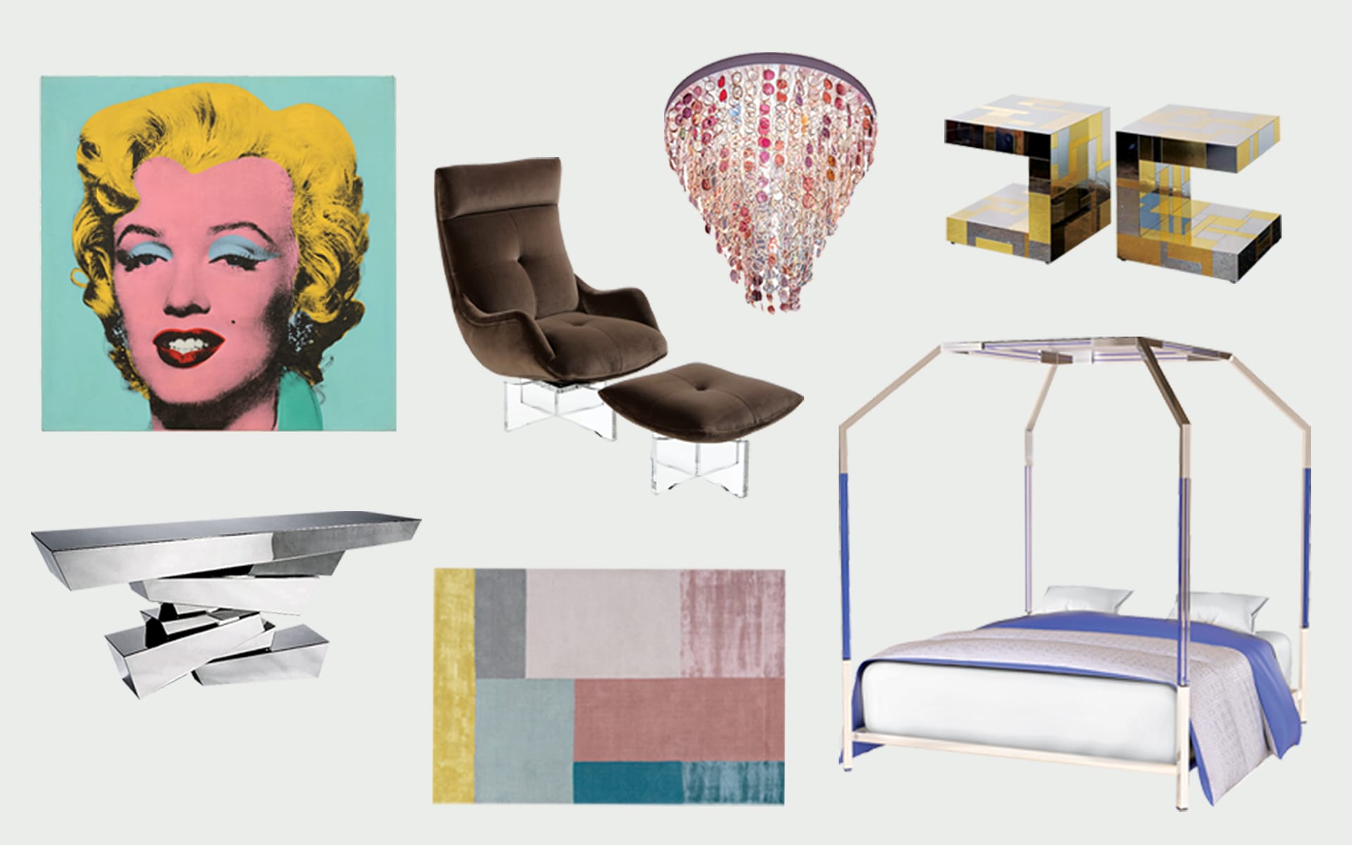 Collage of modern furniture and decor, featuring a colorful Marilyn Monroe print, armchair, chandelier, and bed.