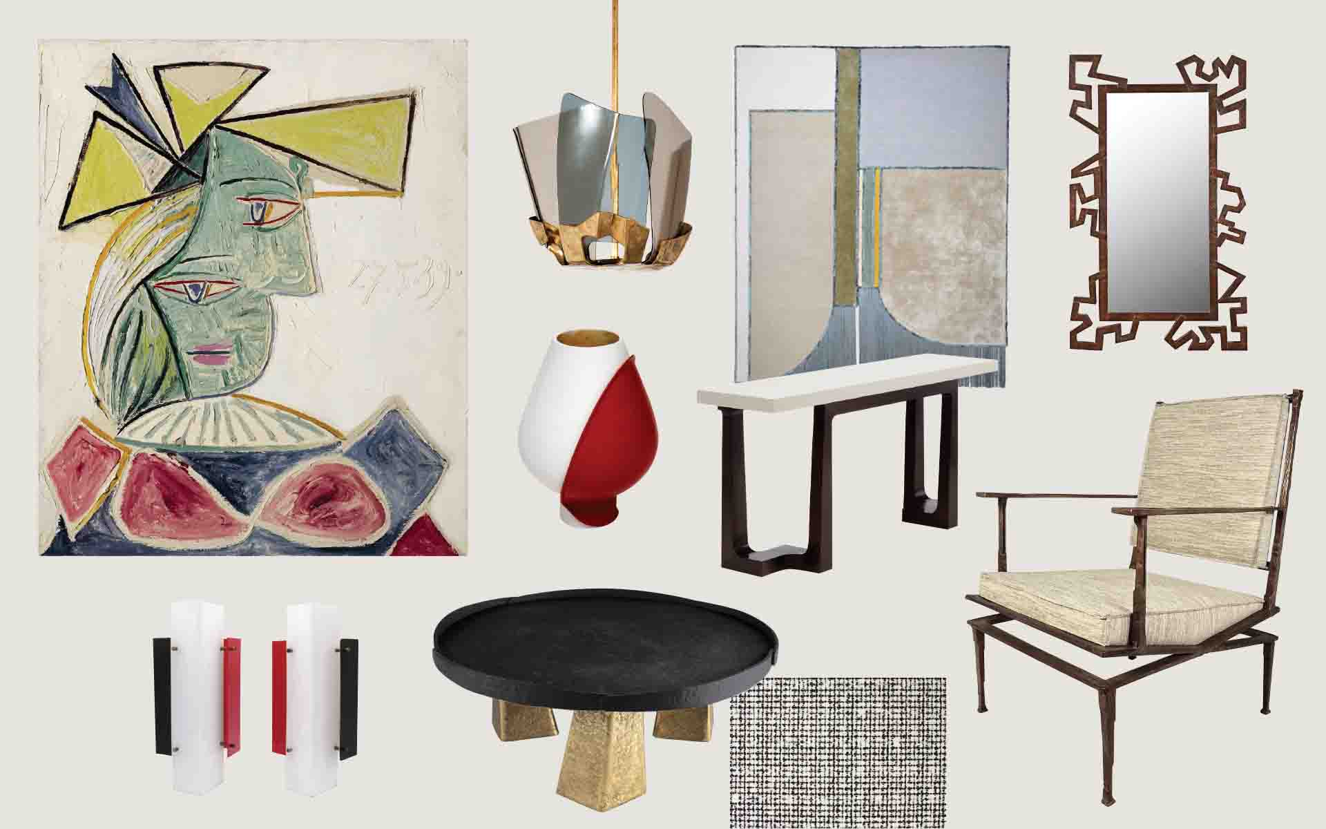 Collection of modern art and furniture, including paintings, a chandelier, mirrors, a table, a chair, and a coffee table.