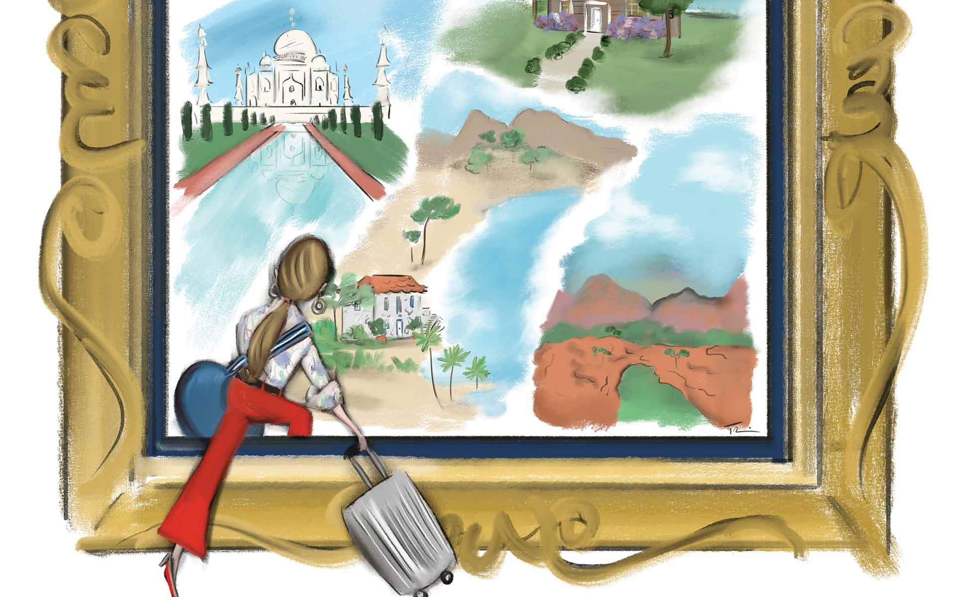 Illustration of a woman with a suitcase looking at a framed painting of famous world landmarks and landscapes.