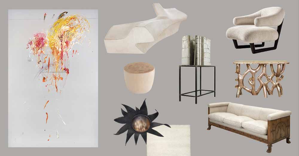 Collage of artistic furniture and decor including chairs, sofa, a table, a vase, an abstract art piece, and a decorative fixture.