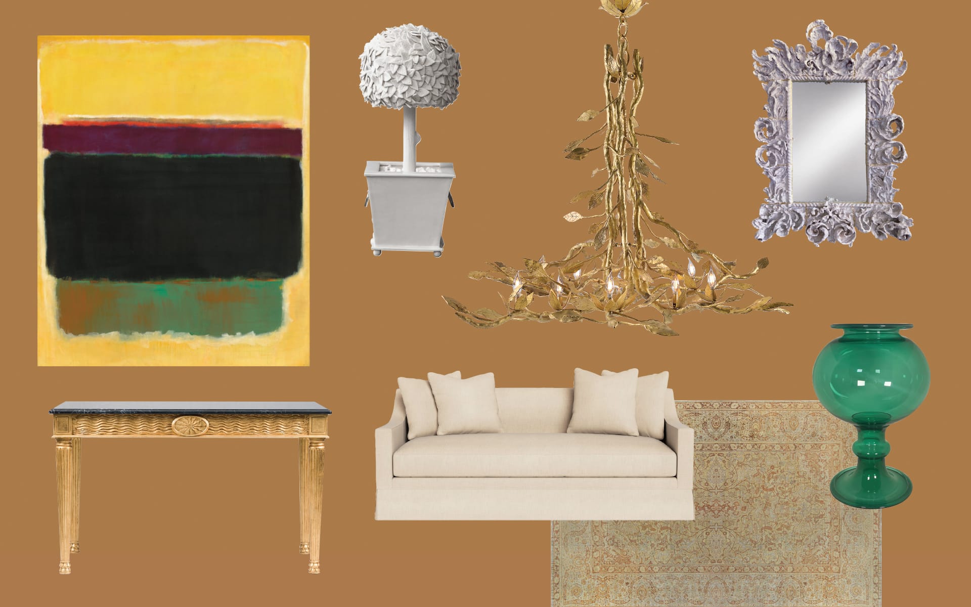 Collage of modern art, decor items, sofa, mirror, chandelier, green vase, small table, and a rug on a brown background.