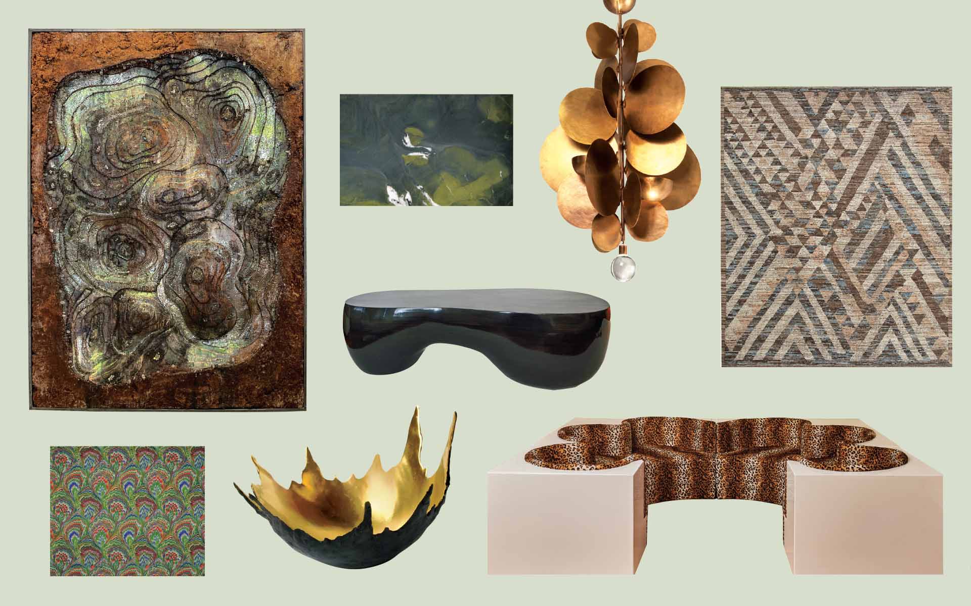 Collage of abstract art, including paintings, a sculptural light fixture, and unique modern furniture on a light background.