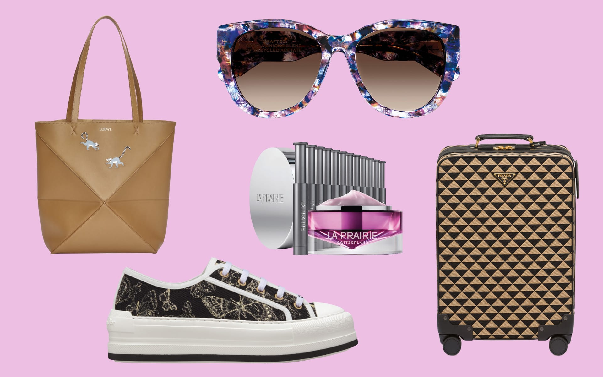 Fashion accessories on a pink background: handbag, sunglasses, skincare set, sneakers, and patterned suitcase.
