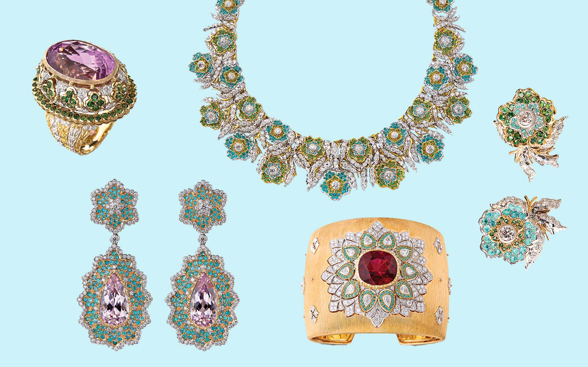 Colorful jewelry set featuring a statement necklace, earrings, a ring, a bracelet, and a brooch with intricate designs.