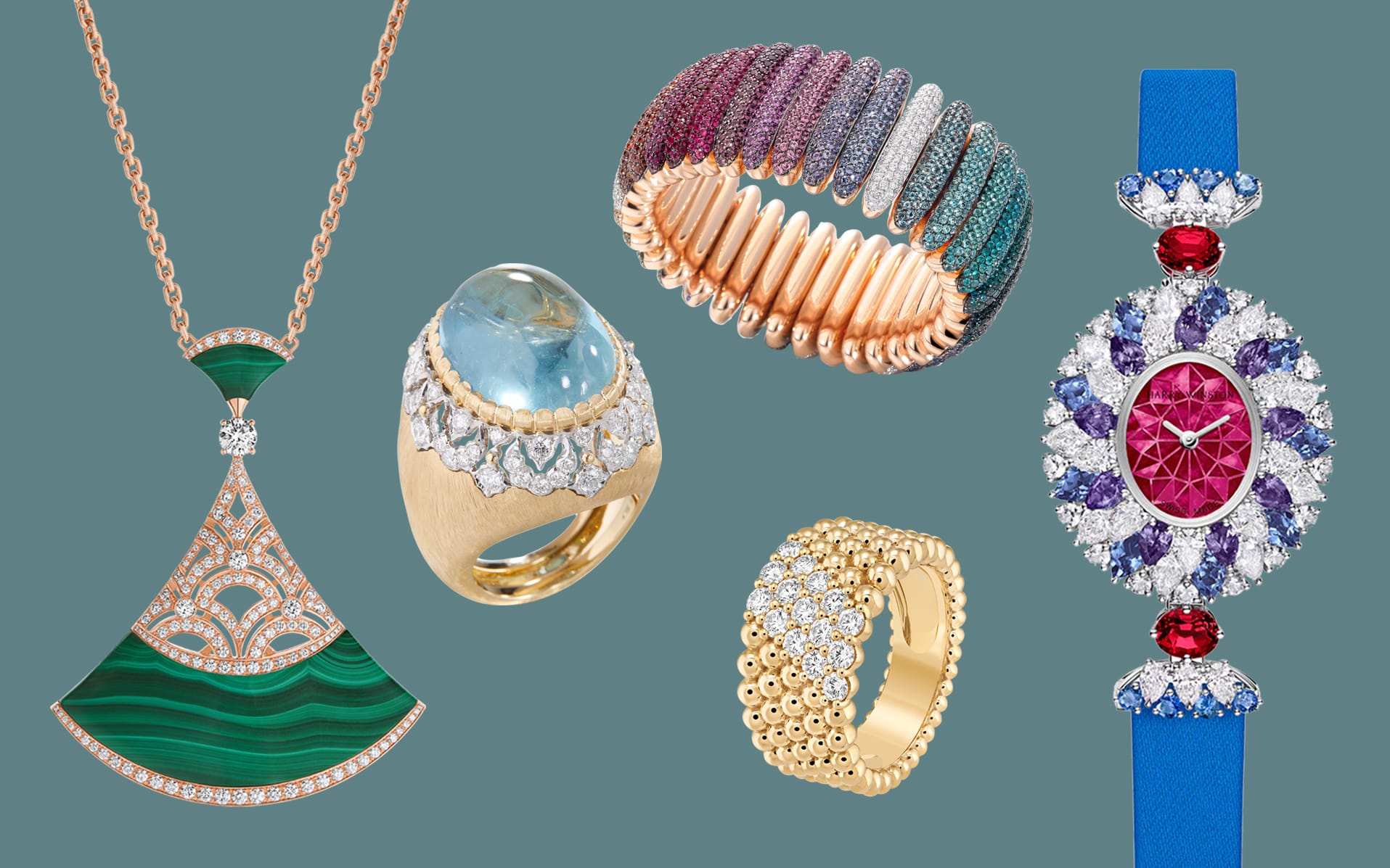 A collection of colorful luxury jewelry, including rings, necklaces, and a watch on a teal background.