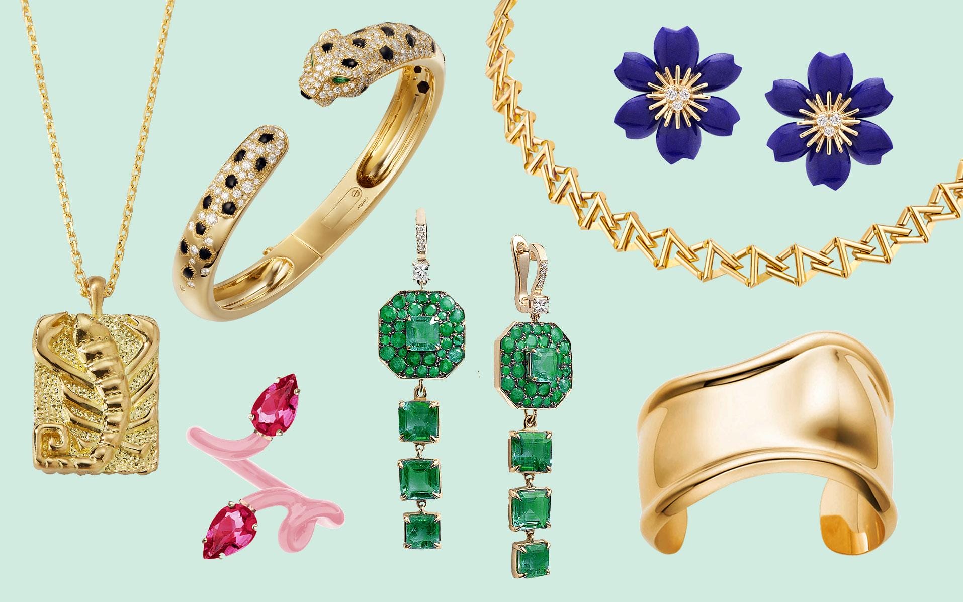 Elegant jewelry collection featuring necklaces, earrings, rings, and bracelets in gold, emerald, and sapphire designs.
