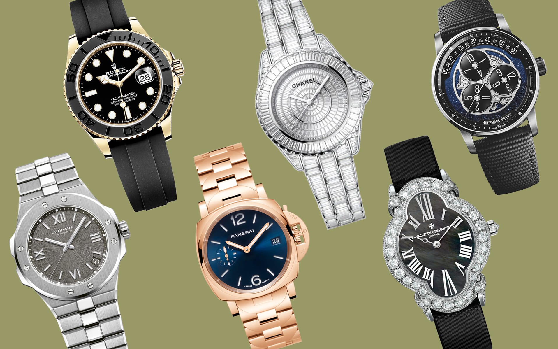 A collection of six luxury watches with various designs and styles, including leather and metal straps, on a green background.