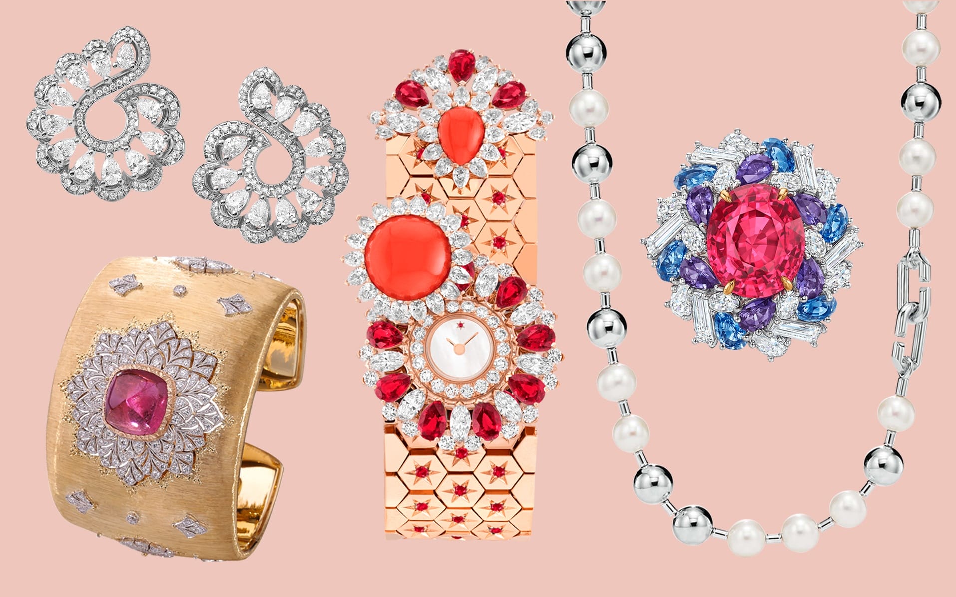 Collection of luxury jewelry, including earrings, bracelets, and a necklace, featuring diamonds, pearls, and colorful gemstones.
