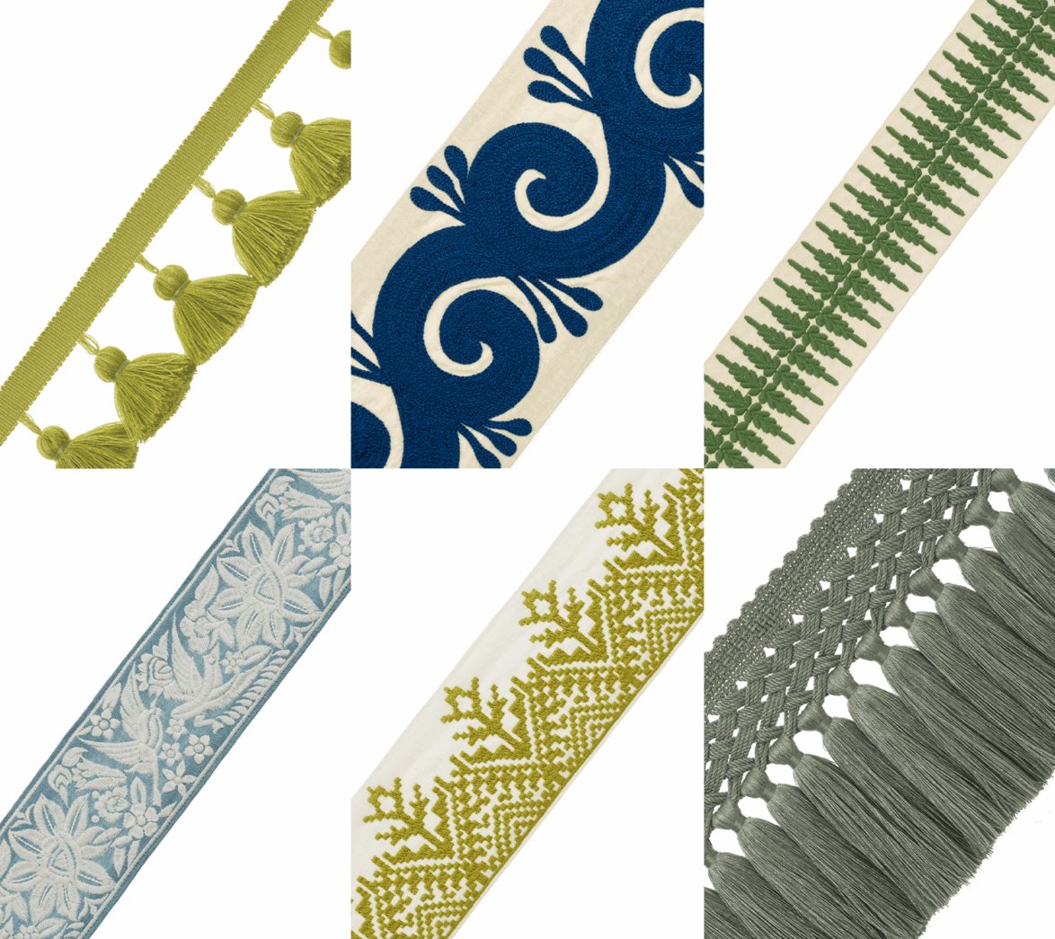 Collage of decorative fabric trims in various colors and patterns, including tassels, embroidery, and lace designs.