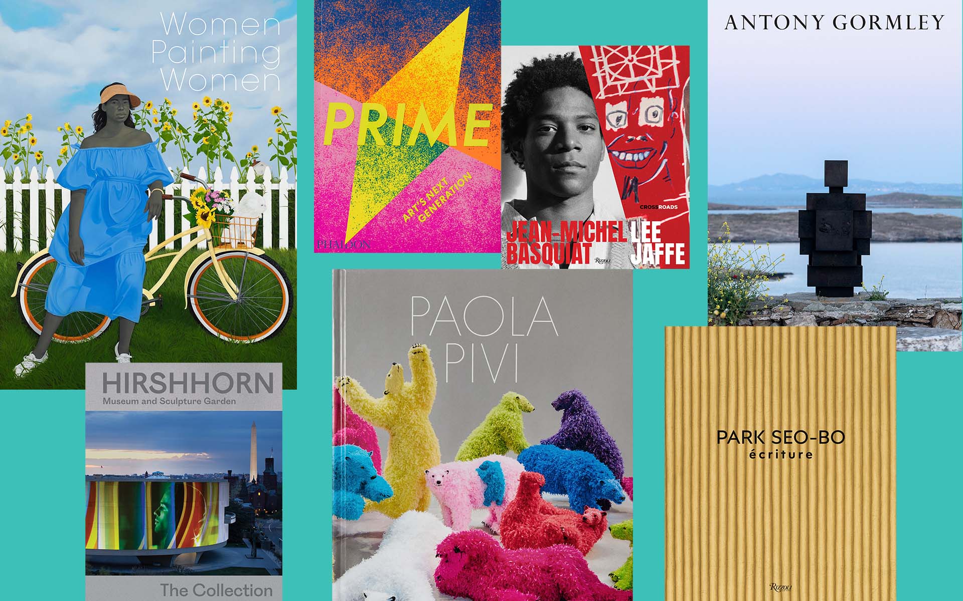 Collage of book covers featuring art and artists, including vibrant designs and a sculpture overlooking water.