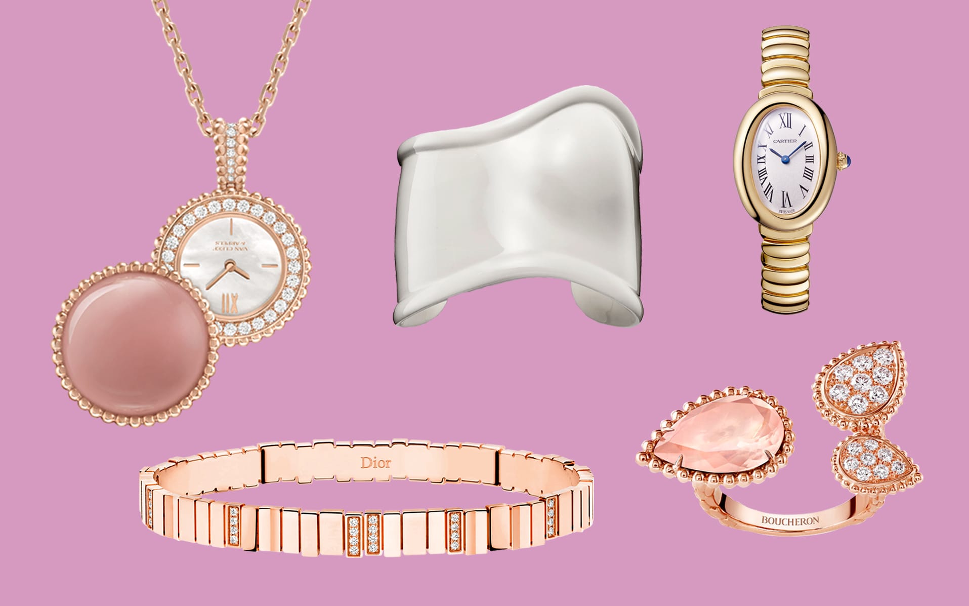 Collection of luxury jewelry including necklaces, rings, and watches displayed on a pink background.