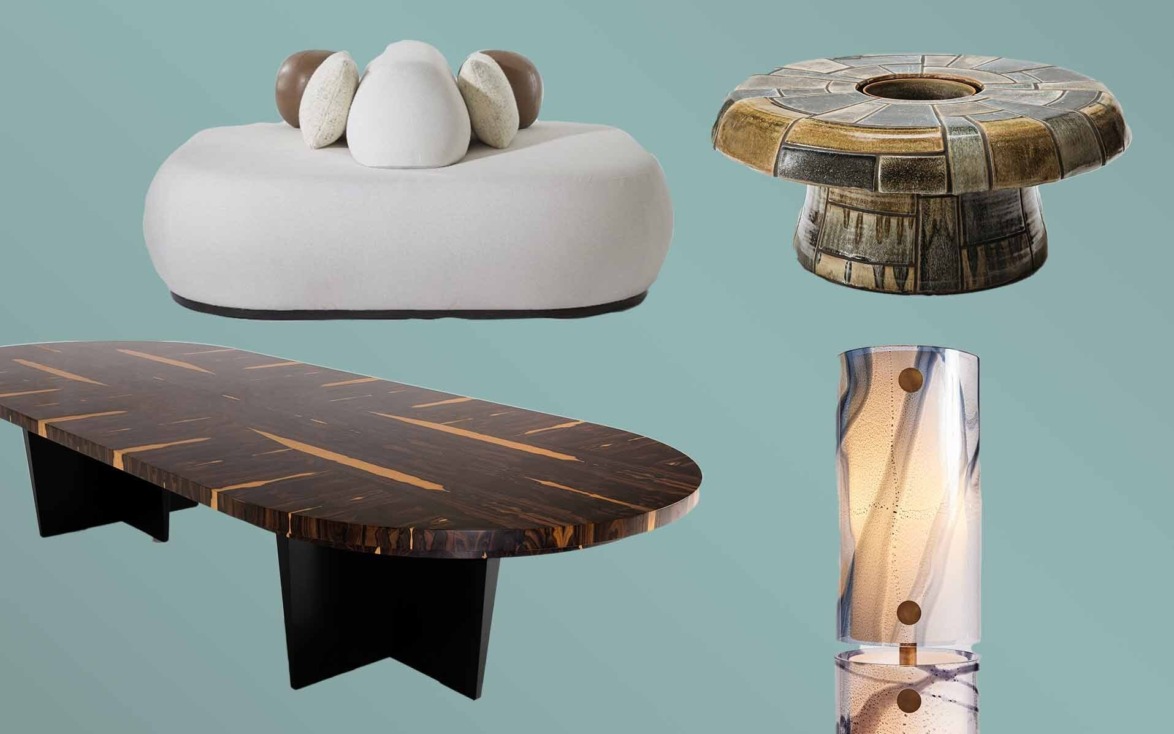 Modern furniture collage with a white sofa, wooden coffee table, artistic side table, and a unique column lamp against a teal background.