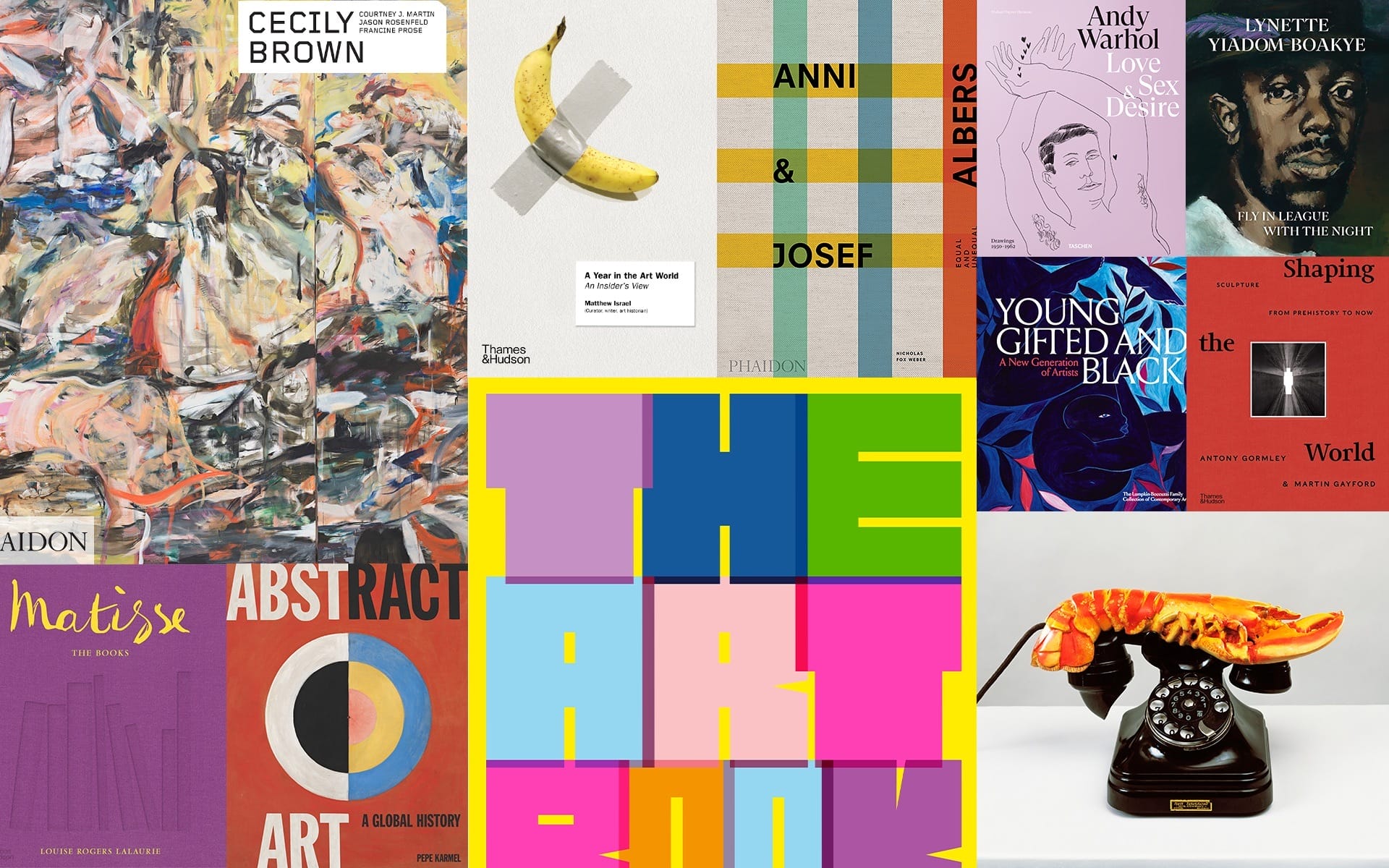Collage of art book covers featuring various artists and themes, including a lobster telephone and abstract designs.