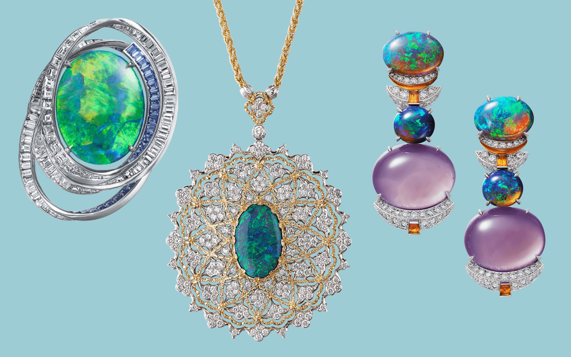 Opal and diamond jewelry set including a ring, necklace, and earrings displayed on a light blue background.