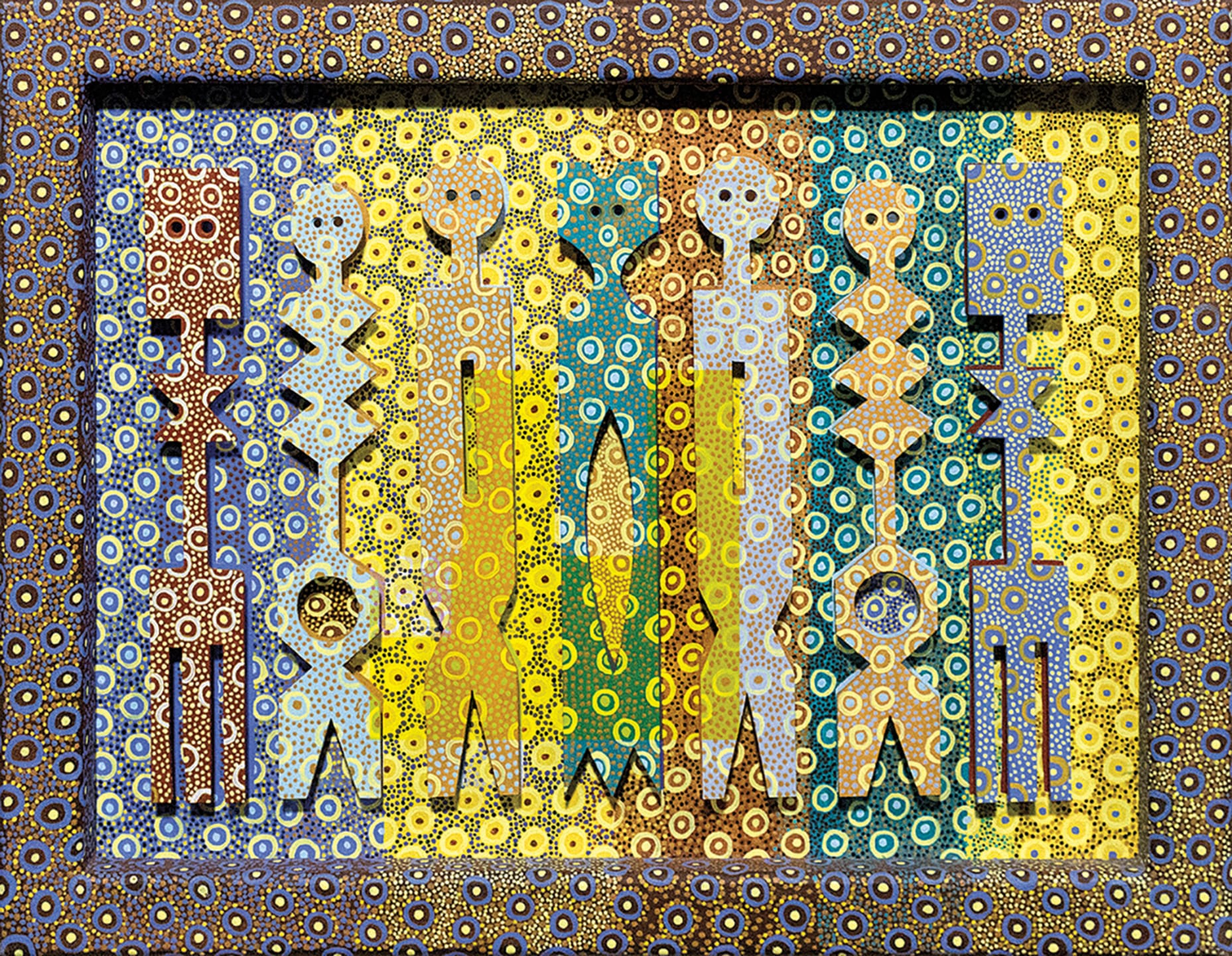 Colorful abstract painting with geometric figures and circular patterns in blue, yellow, and brown tones.